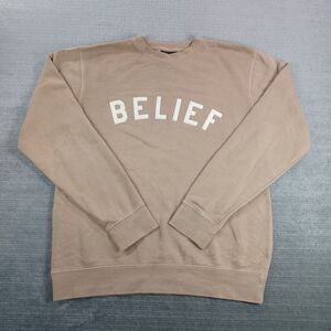 Belief NYC Sweater Mens S Beige Casual Stretch Spell Out Crew Neck Streetwear